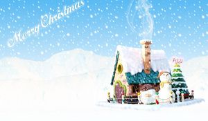 Preview wallpaper snowman, tree, house, smoke, snow, christmas, holiday, inscription