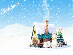 Preview wallpaper snowman, tree, house, smoke, snow, christmas, holiday, inscription