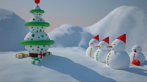 Preview wallpaper snowmen, number, christmas tree, presents, snow, holiday