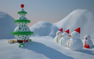 Preview wallpaper snowmen, number, christmas tree, presents, snow, holiday