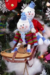 Preview wallpaper snowmen, sledding, christmas tree, ornaments, snowflakes, new year, celebration
