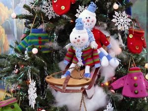 Preview wallpaper snowmen, sledding, christmas tree, ornaments, snowflakes, new year, celebration