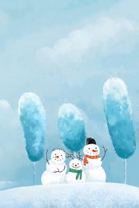 Preview wallpaper snowmen, three, friends, smile, blizzard, winter