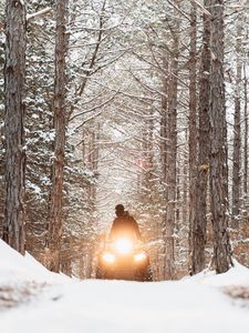 Preview wallpaper snowmobile, black, man, forest, snow, winter