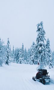 Preview wallpaper snowmobile, snow, trees, winter, nature