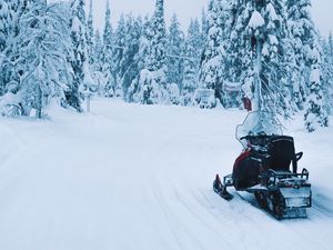 Preview wallpaper snowmobile, snow, trees, winter, nature