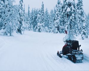 Preview wallpaper snowmobile, snow, trees, winter, nature