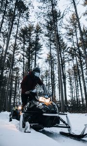 Preview wallpaper snowmobile, snow, winter, man, forest, nature