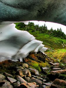 Preview wallpaper snowpack, river, stream, rocks, hills, nature