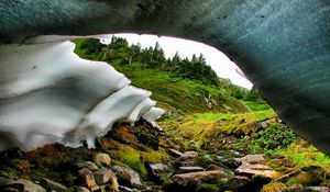 Preview wallpaper snowpack, river, stream, rocks, hills, nature