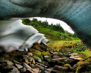 Preview wallpaper snowpack, river, stream, rocks, hills, nature