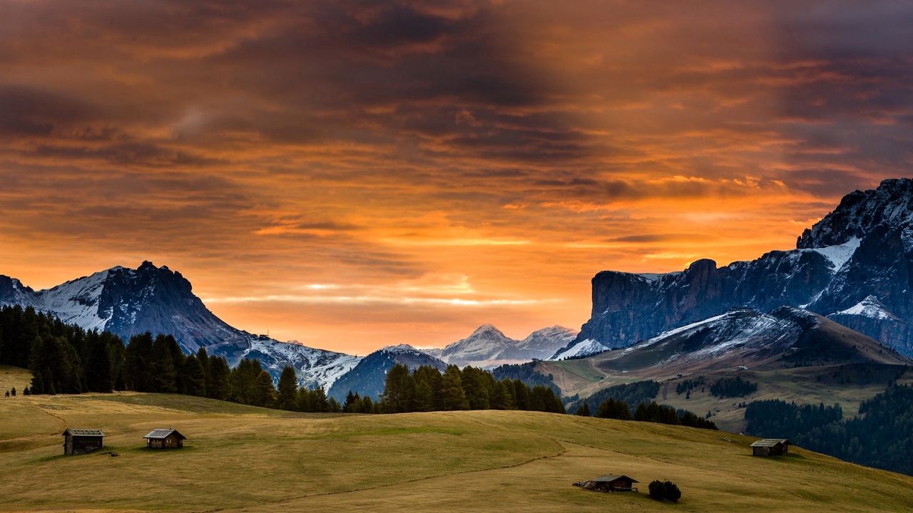 Wallpaper snowy mountains, sunset, grass, sky