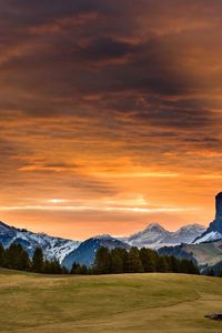 Preview wallpaper snowy mountains, sunset, grass, sky