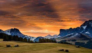 Preview wallpaper snowy mountains, sunset, grass, sky