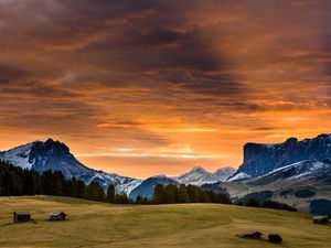 Preview wallpaper snowy mountains, sunset, grass, sky