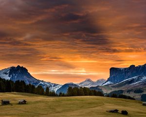 Preview wallpaper snowy mountains, sunset, grass, sky