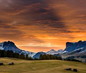 Preview wallpaper snowy mountains, sunset, grass, sky