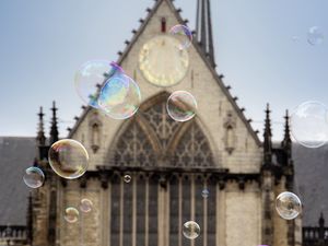 Preview wallpaper soap bubbles, building, towers, blur