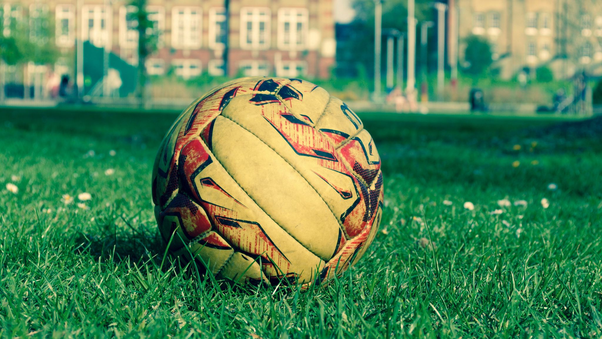 Download Wallpaper 2048x1152 Soccer Ball Field Grass Lawn Ultrawide 