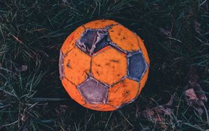 Preview wallpaper soccer ball, football, old, grass, hoarfrost