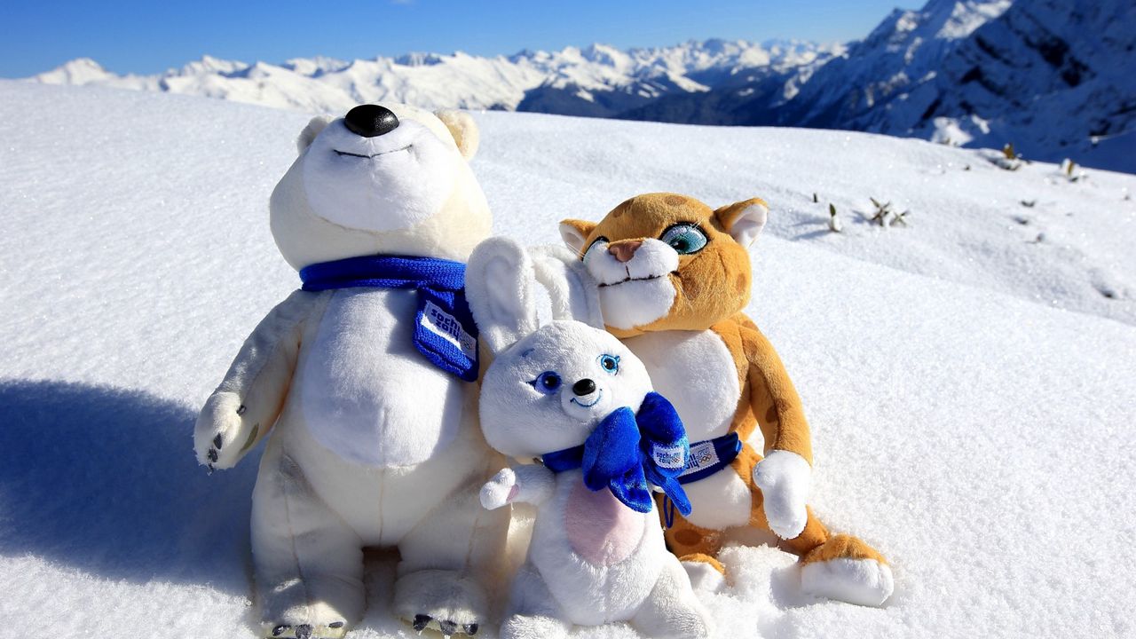 Wallpaper sochi 2014, mountain, snow, olympic mascots