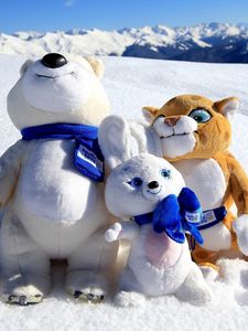 Preview wallpaper sochi 2014, mountain, snow, olympic mascots