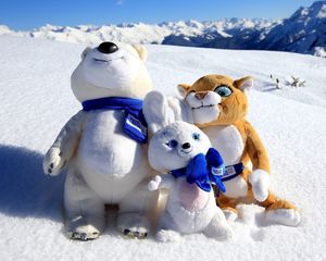 Preview wallpaper sochi 2014, mountain, snow, olympic mascots