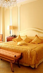 Preview wallpaper sofa, design, yellow, curtains, interior design, apartment, room, chair, bed, lamps, pillows, bedroom, style