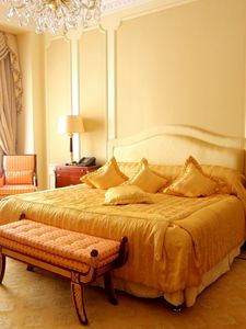 Preview wallpaper sofa, design, yellow, curtains, interior design, apartment, room, chair, bed, lamps, pillows, bedroom, style