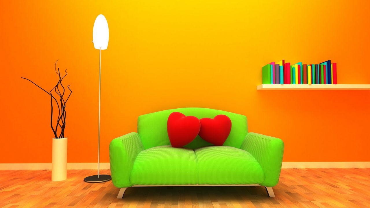 Wallpaper sofa, heart, room, 3d graphics, orange background