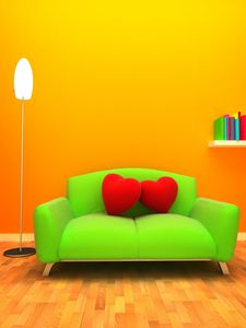 Preview wallpaper sofa, heart, room, 3d graphics, orange background