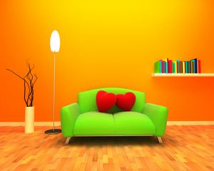 Preview wallpaper sofa, heart, room, 3d graphics, orange background