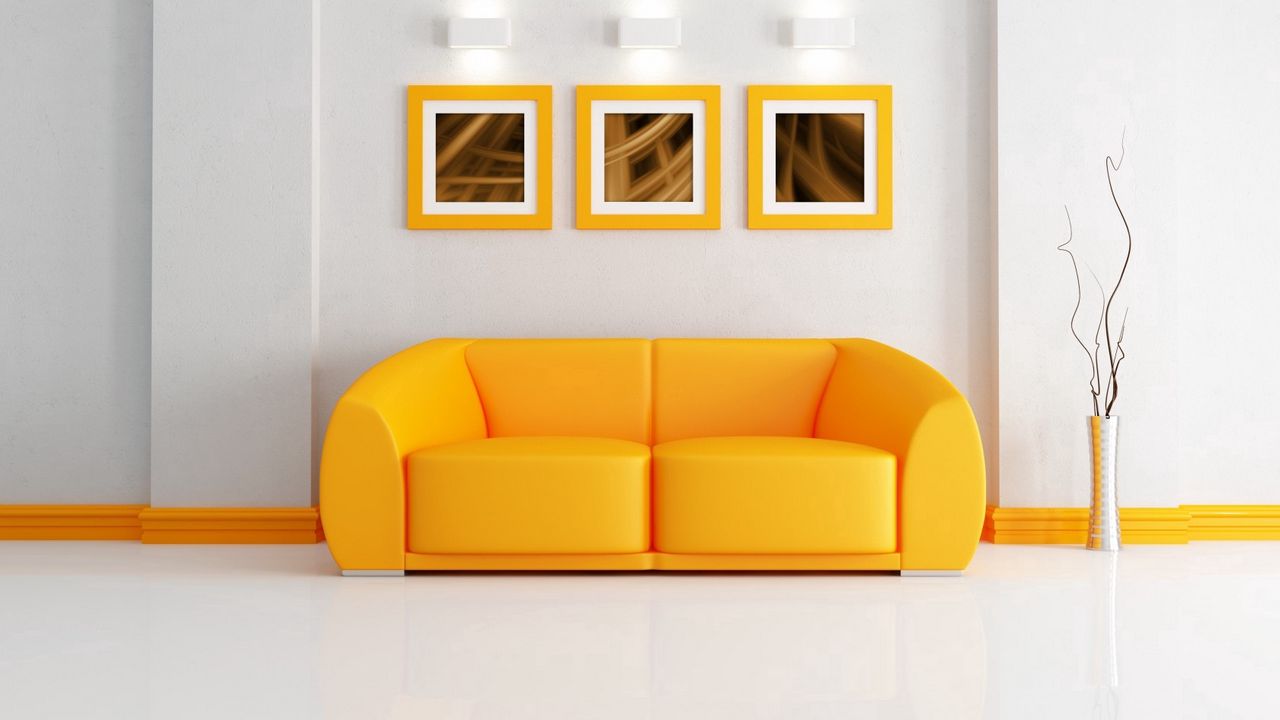Wallpaper sofa, painting, vase, lamp