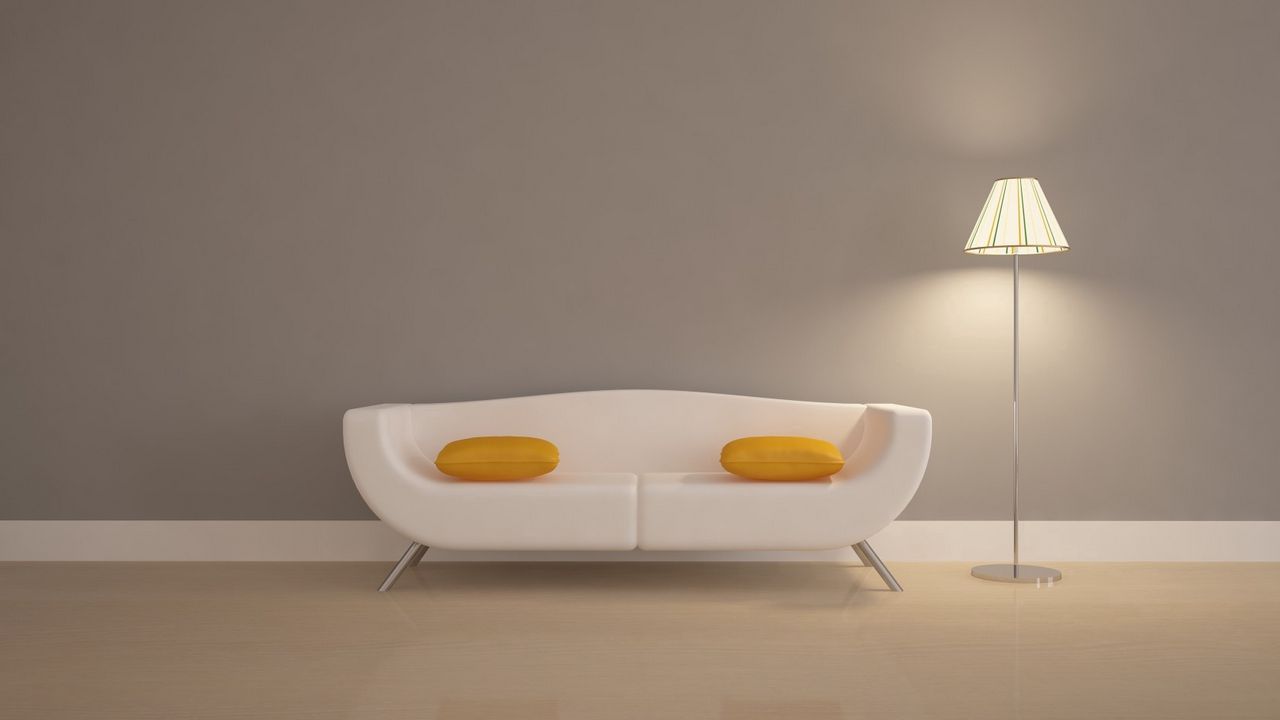 Wallpaper sofa, pillows, lamp