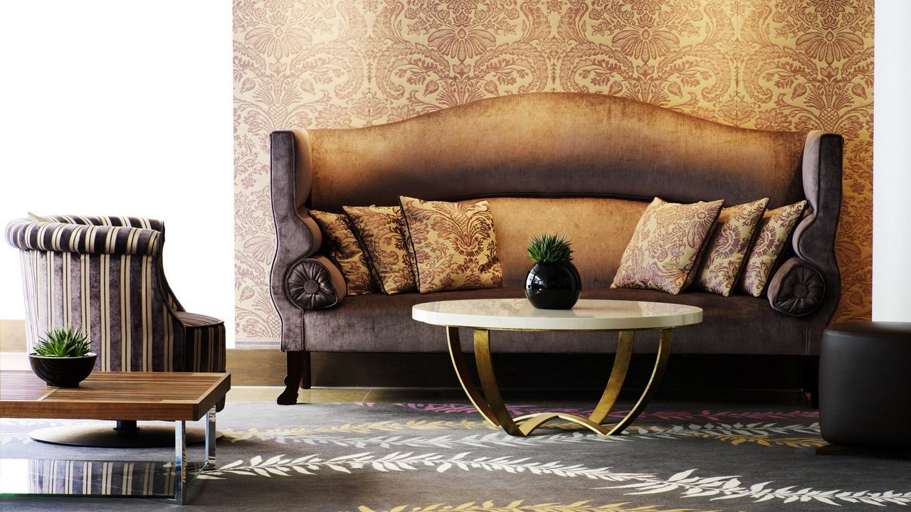 Wallpaper sofa, wall, chair, pattern, vase, flower, table, paul, pillows, brown, room, interior