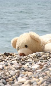 Preview wallpaper soft toy, bear, beach, rocks, sea