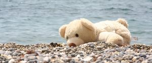 Preview wallpaper soft toy, bear, beach, rocks, sea