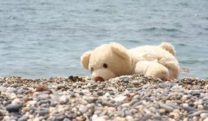 Preview wallpaper soft toy, bear, beach, rocks, sea