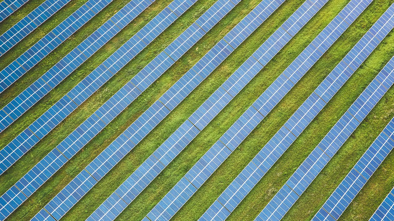 Wallpaper solar panels, field, aerial view, texture, rows