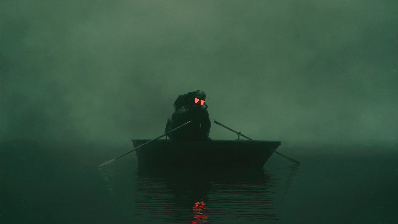 Wallpaper soldier, gas mask, boat, fog, green