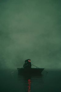 Preview wallpaper soldier, gas mask, boat, fog, green