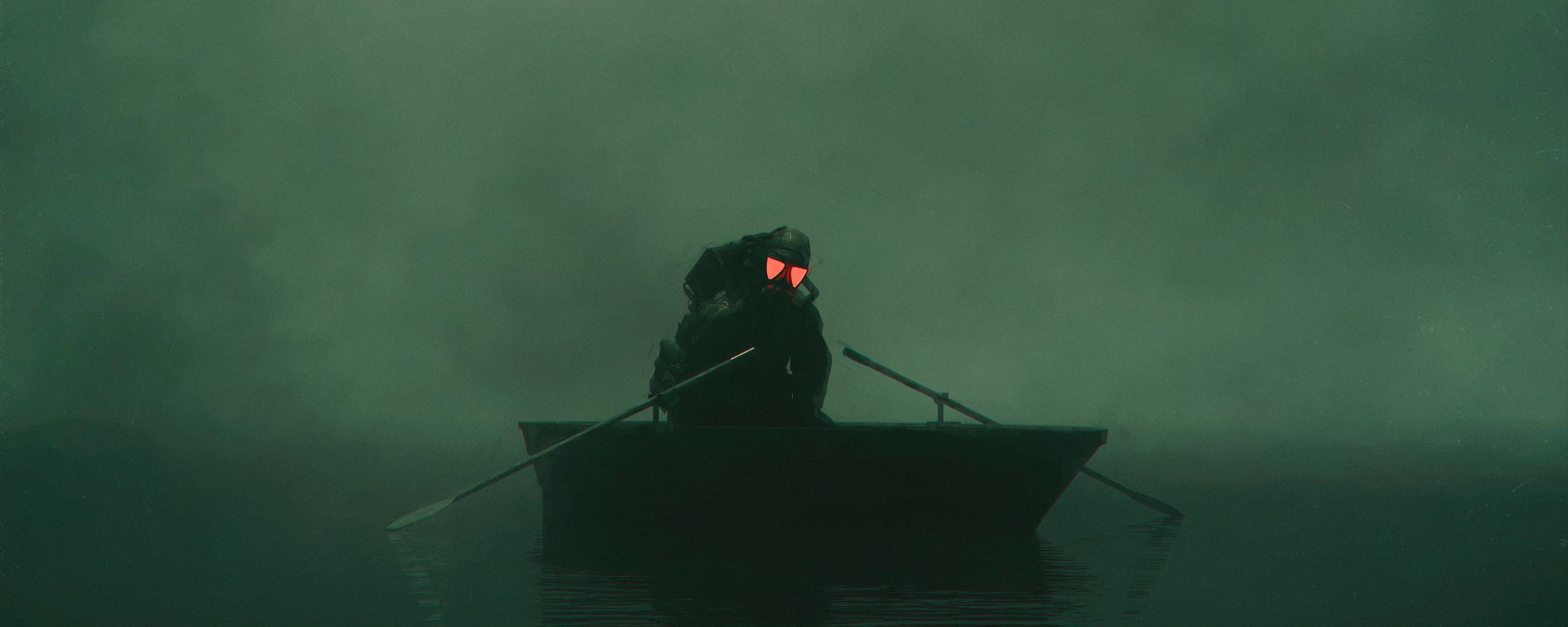 2560x1024 Wallpaper soldier, gas mask, boat, fog, green