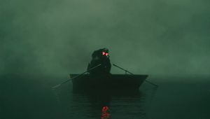 Preview wallpaper soldier, gas mask, boat, fog, green