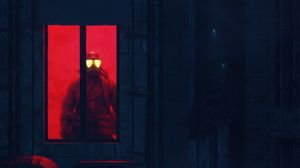 Preview wallpaper soldier, gas mask, building, window, dark