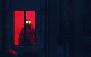 Preview wallpaper soldier, gas mask, building, window, dark