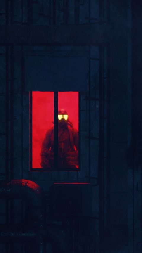 480x854 Wallpaper soldier, gas mask, building, window, dark
