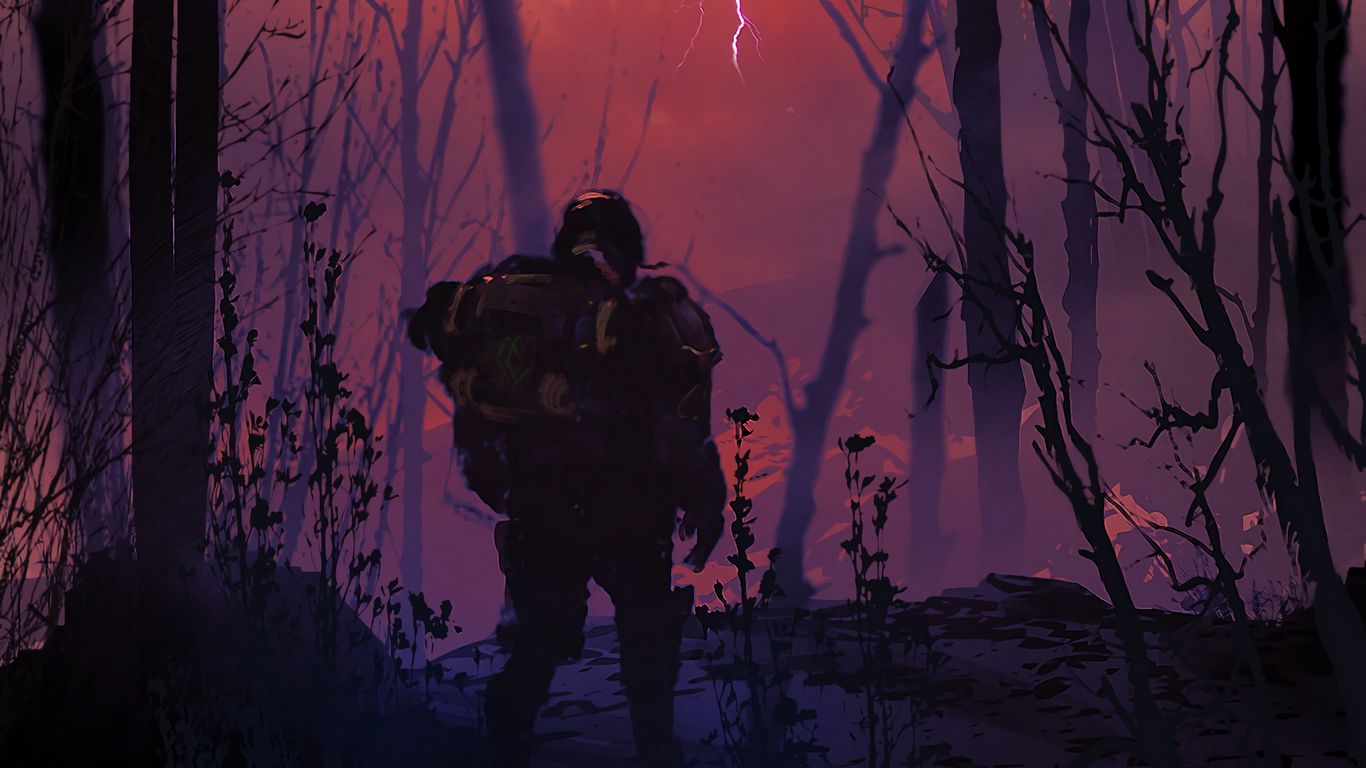 1366x768 Wallpaper soldier, silhouette, sci-fi, fantasy, art