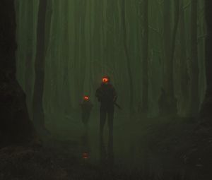 Preview wallpaper soldiers, weapons, forest, fog, art