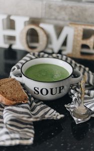 Preview wallpaper soup, bowl, spoon, bread