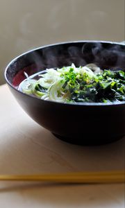 Preview wallpaper soup, greens, steam, hot, asia, food